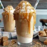 Copycat Starbucks Caramel Frappuccino with whipped cream and caramel drizzle