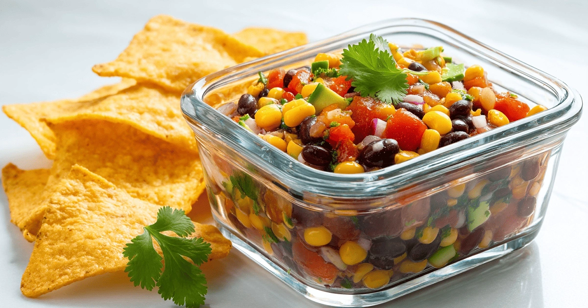 Cowboy caviar served in a glass container with black beans, corn, diced vegetables, and cilantro, accompanied by tortilla chips on a white background.