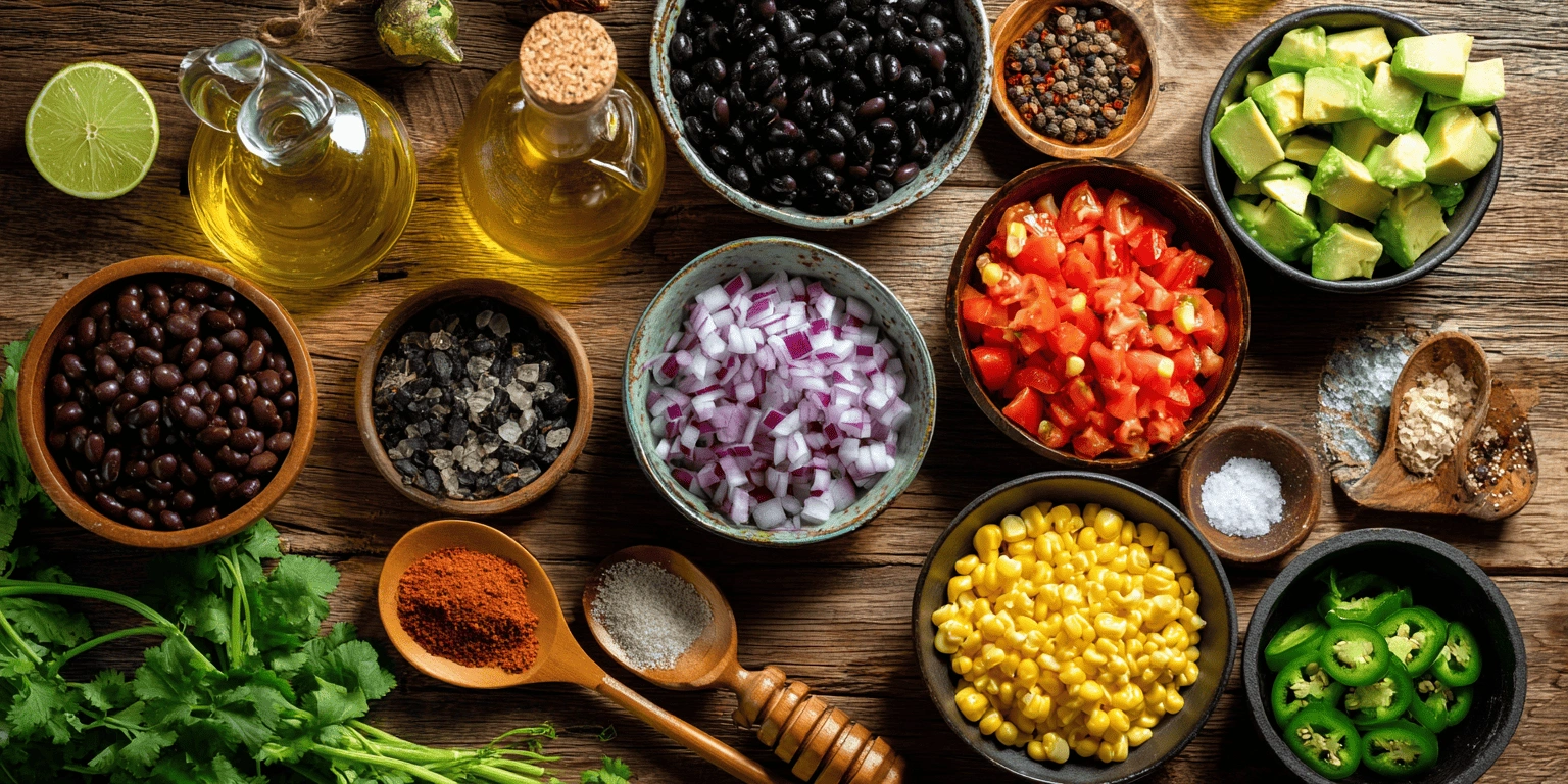 Chopped ingredients for cowboy caviar including black beans, corn, avocado, red onion, lime, and olive oil on a wooden table