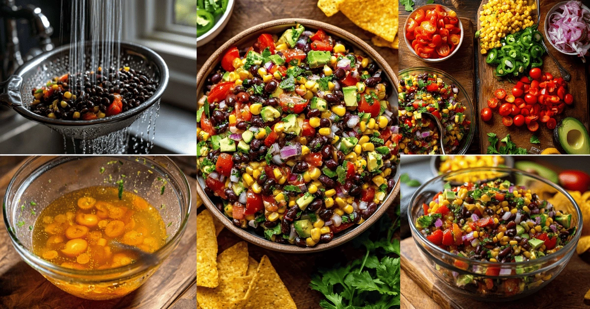 Step-by-step preparation of Easy Cowboy Caviar with Black Beans and Corn, tomatoes, and avocado, from rinsing beans to mixing dressing and combining all ingredients.