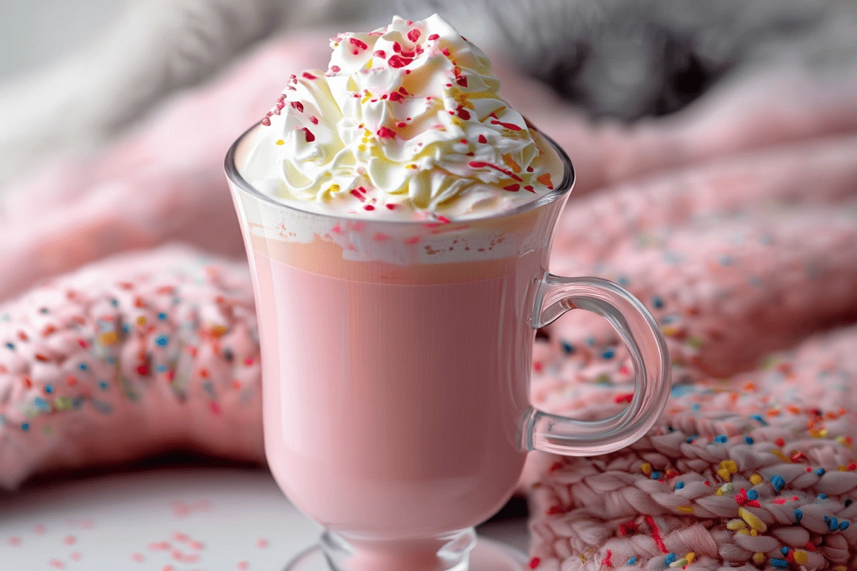 Pink hot chocolate in glass mug with whipped cream and colorful sprinkles