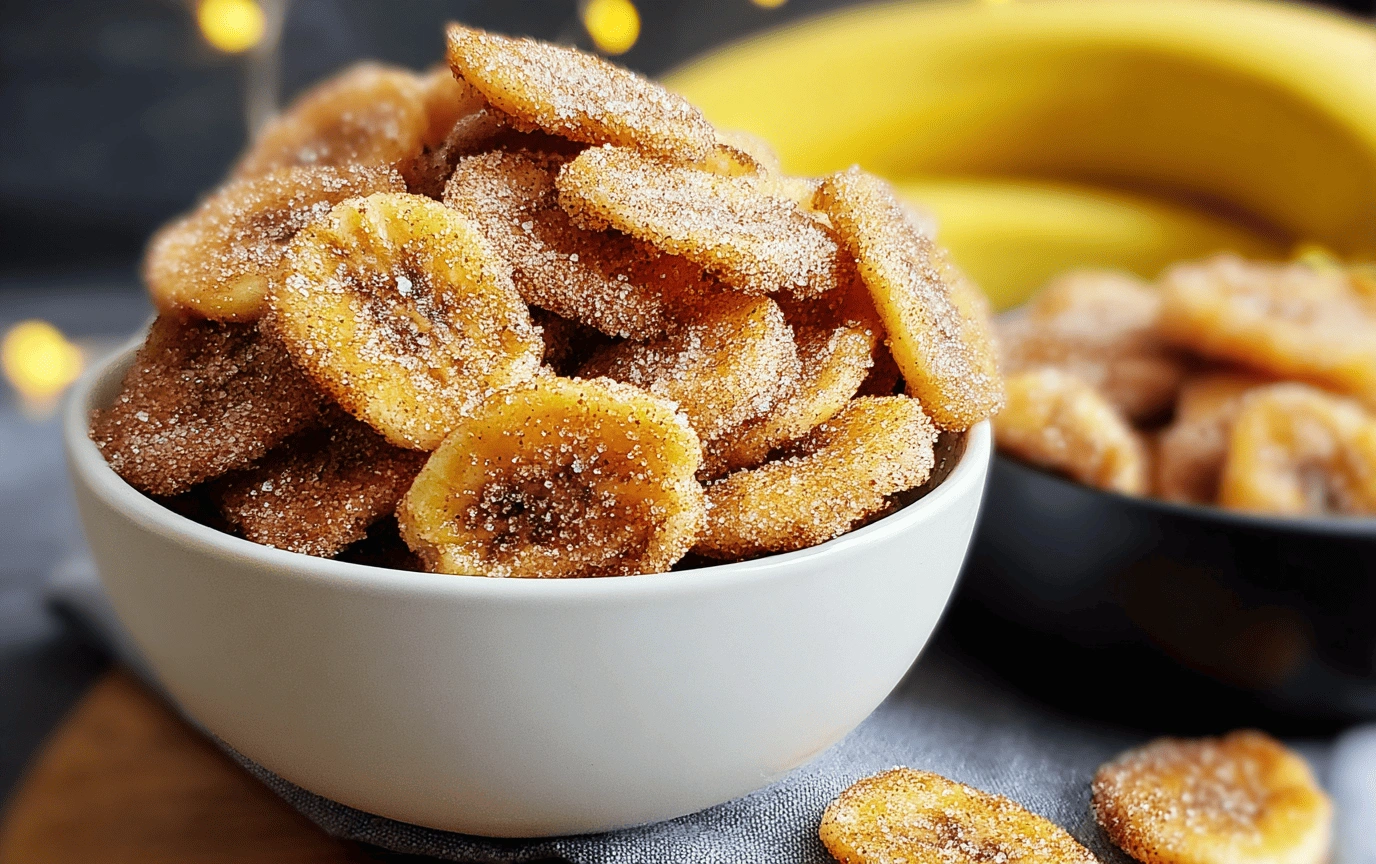 cinnamon sugar air fryer banana chips in bowl