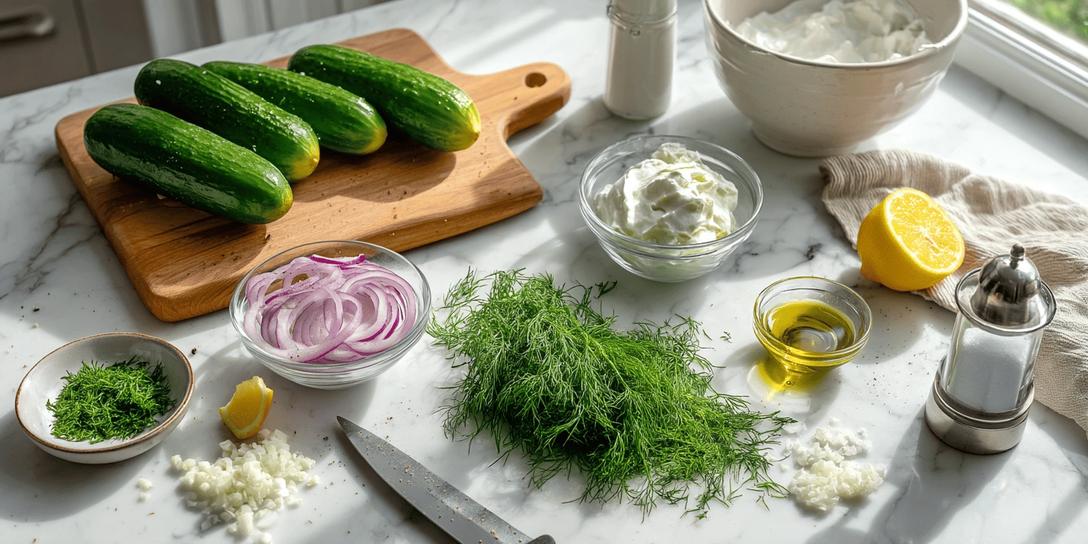 Fresh ingredients for cucumber dill salad including cucumbers, Greek yogurt, dill, red onion, lemon, garlic, and olive oil arranged on a marble countertop.