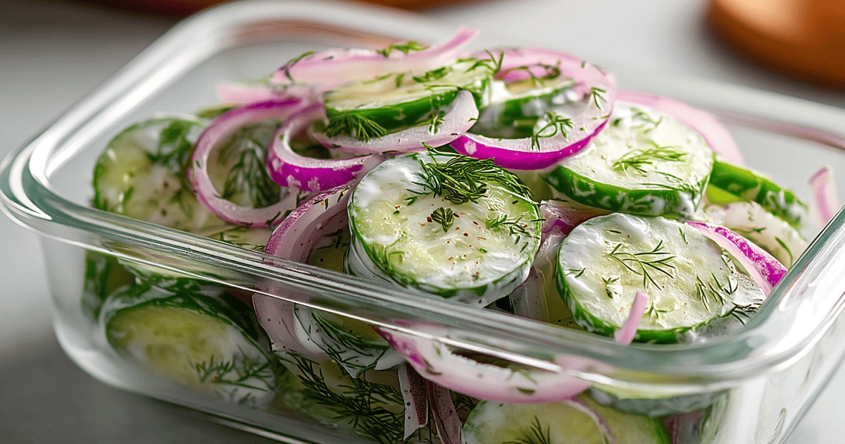  Cucumber dill salad stored in a clear glass container inside refrigerator