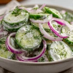 Creamy cucumber dill salad with red onion in a white bowl