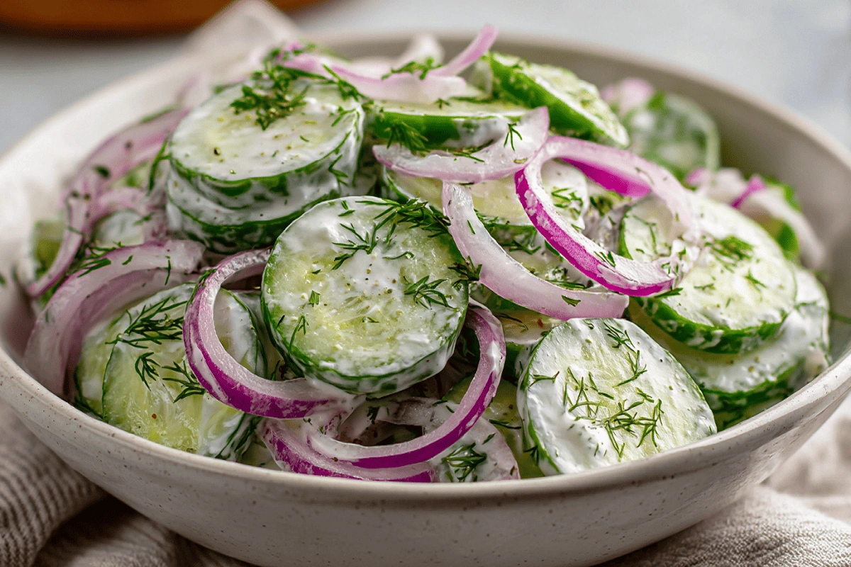 Creamy cucumber dill salad with red onion in a white bowl