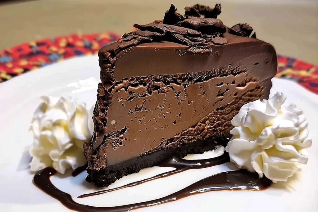 Slice of Chocolate Fudge Truffle Cheesecake with ganache topping, whipped cream, and chocolate drizzle