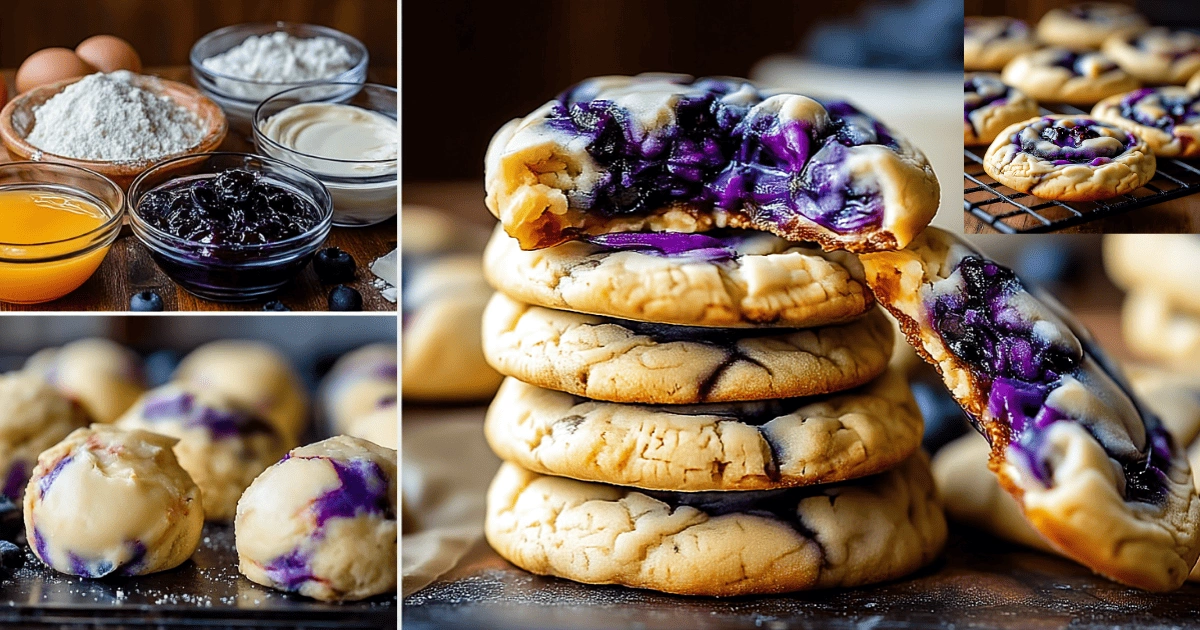 Collage of Blueberry Cheesecake Swirl Cookies showing ingredients, cookie dough with blueberry swirl, and baked cookies stacked and cooling