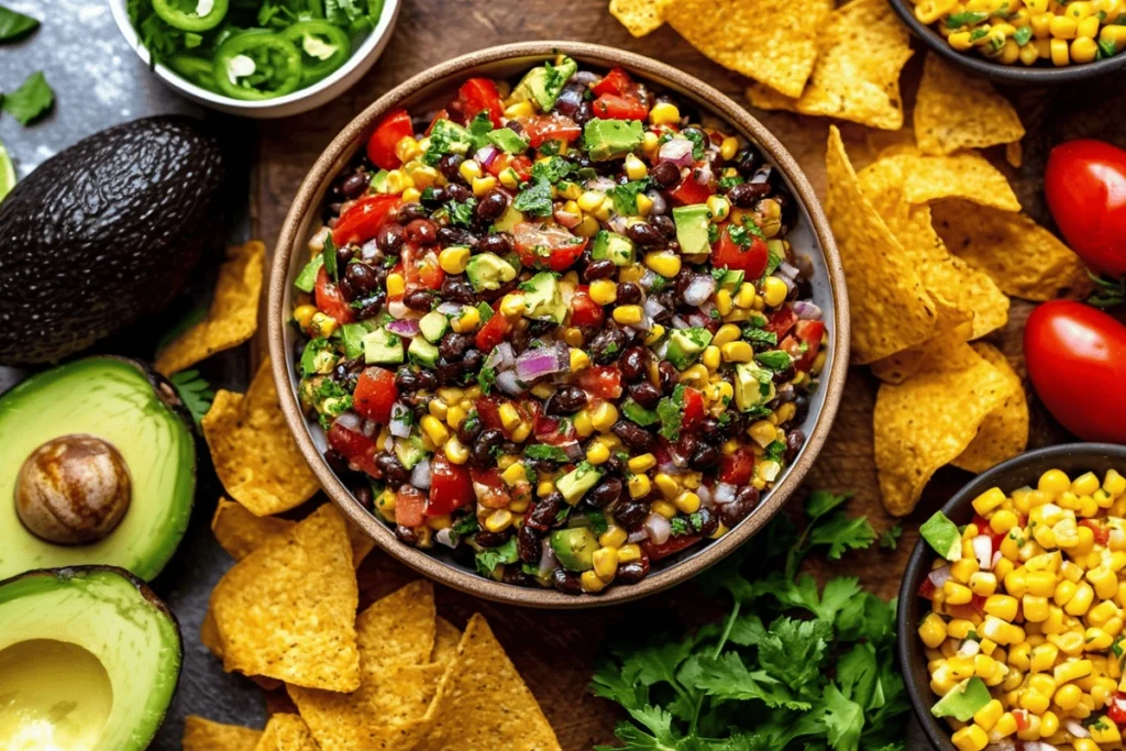 Easy cowboy caviar with black beans, corn, and avocado served with tortilla chips