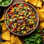 Easy cowboy caviar with black beans, corn, and avocado served with tortilla chips