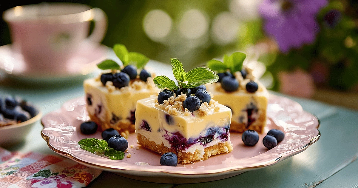 Squares of No-Bake Lemon Dazzling Blueberry Cream Cake garnished with fresh blueberries, mint, and crumble on a pink plate