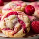 Close-up of raspberry sugar cookies with vibrant red swirls and granulated sugar topping