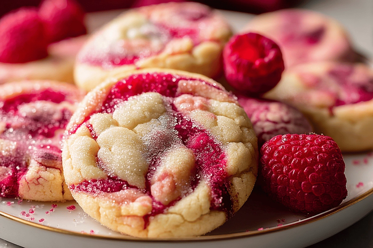 Close-up of raspberry sugar cookies with vibrant red swirls and granulated sugar topping