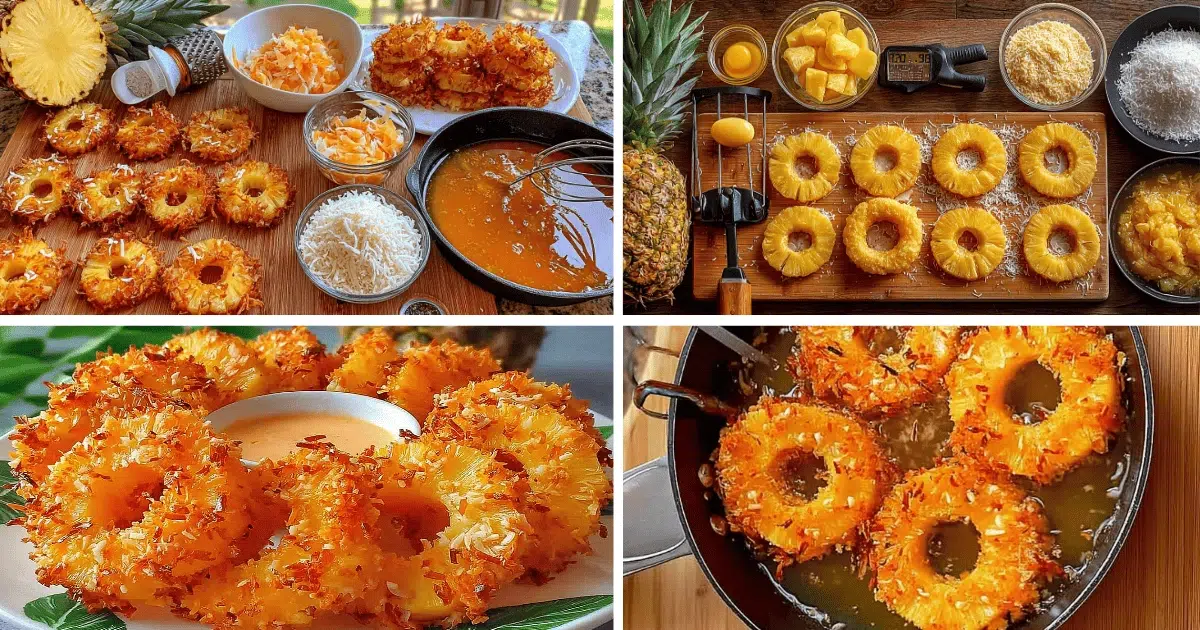 Step-by-step process of making fried pineapple rings including coating, frying, and serving with dip