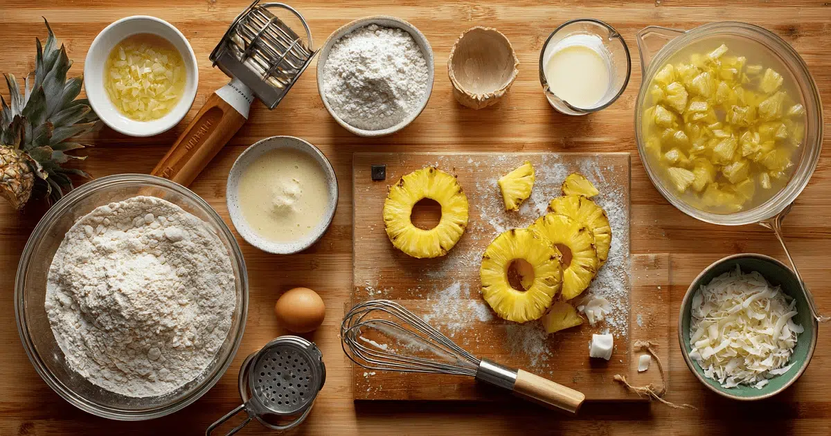 Ingredients for fried pineapple rings recipe including pineapple slices, flour, egg, coconut, and pineapple juice on a wooden board