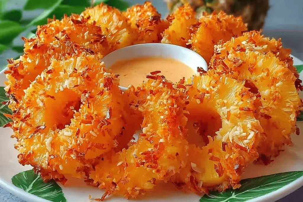 Fried pineapple rings served with creamy coconut dipping sauce on a tropical plate