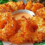 Fried pineapple rings served with creamy coconut dipping sauce on a tropical plate