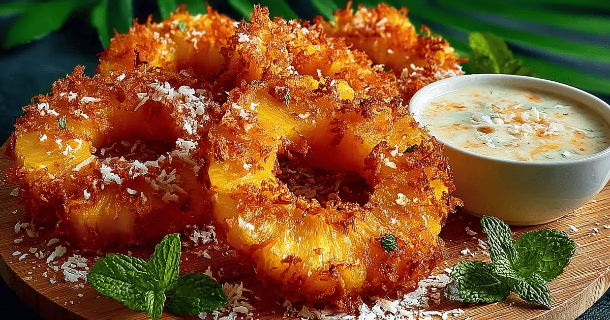 Crispy fried pineapple rings with coconut cream cheese dip, garnished with mint and shredded coconut