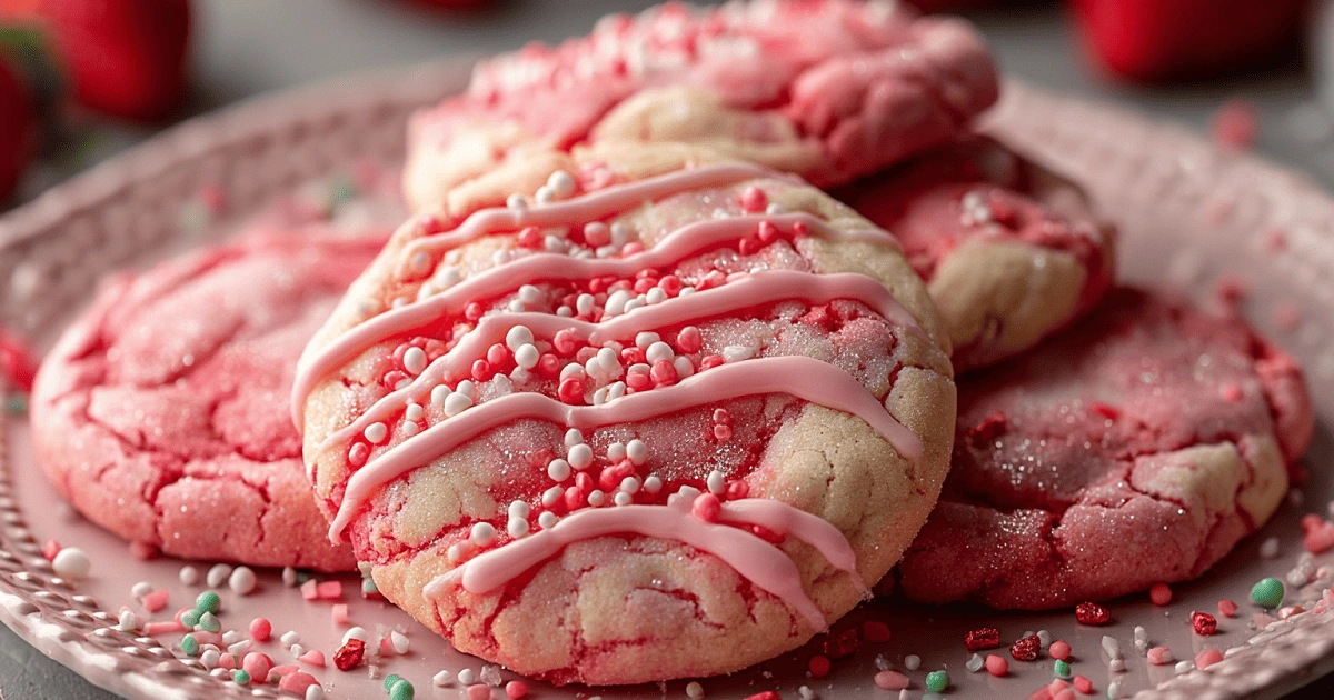 Frosted strawberry sugar cookies with pink drizzle and sprinkles on a pink plate