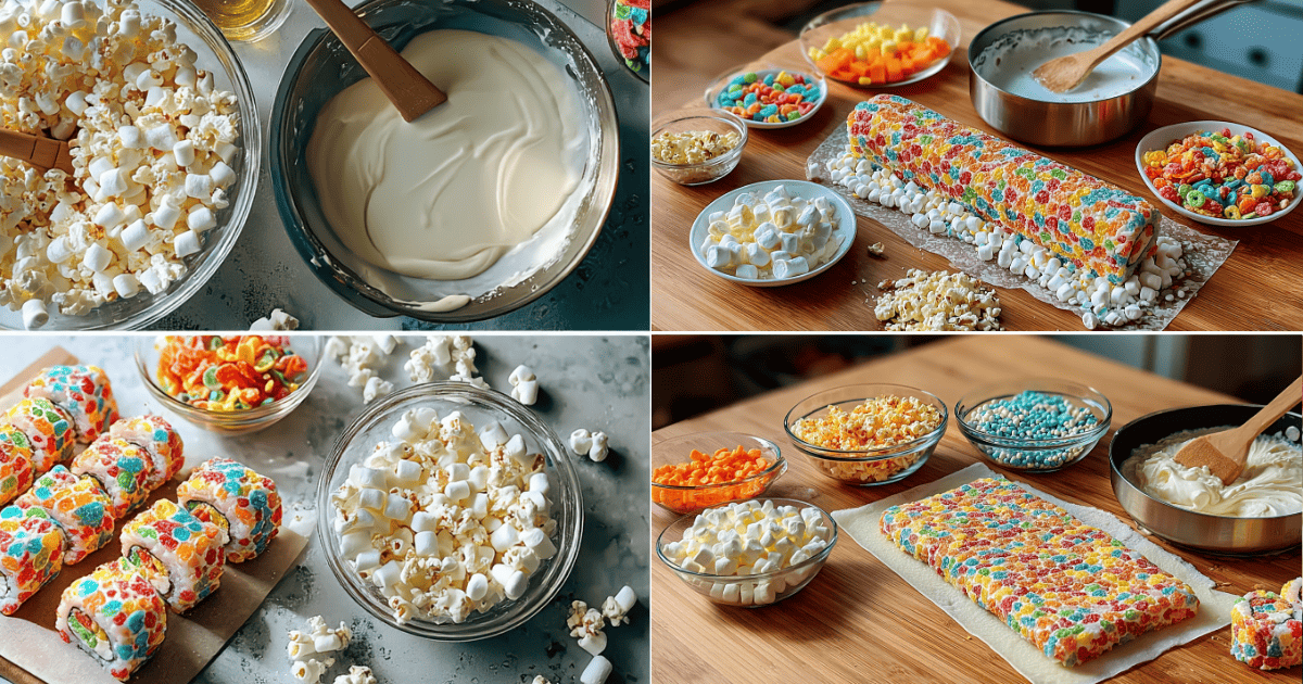Step-by-step process of making Fruity Pebbles Sushi including melted marshmallows, cereal prep, rolling the sushi, and final sliced pieces
