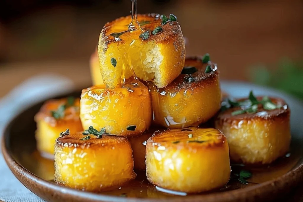 Golden honey butter cornbread poppers stacked and drizzled with warm glaze