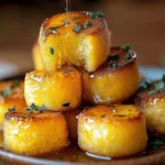 Golden honey butter cornbread poppers stacked and drizzled with warm glaze