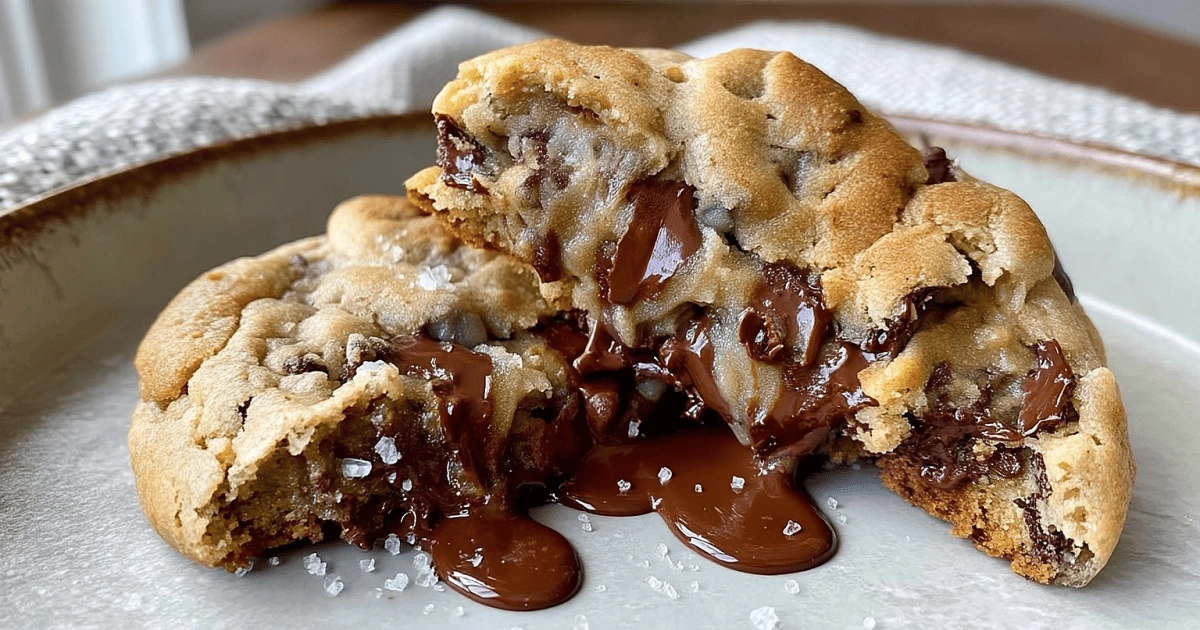 Close-up of warm chocolate chip cookies broken in half with melted chocolate oozing out and sprinkled sea salt