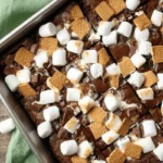 Freshly baked S’mores Brownies topped with toasted marshmallows, graham crackers, and melted chocolate