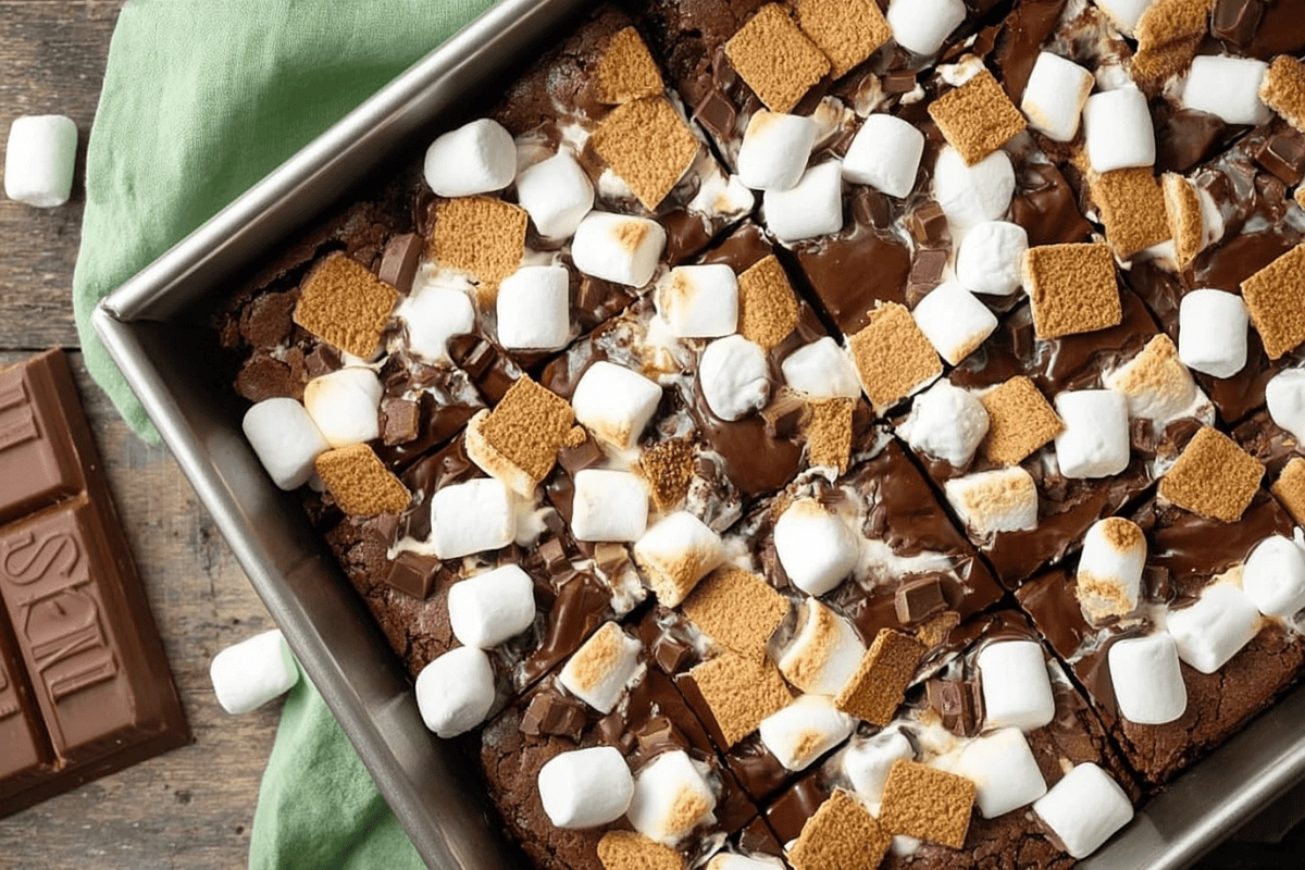 Freshly baked S’mores Brownies topped with toasted marshmallows, graham crackers, and melted chocolate