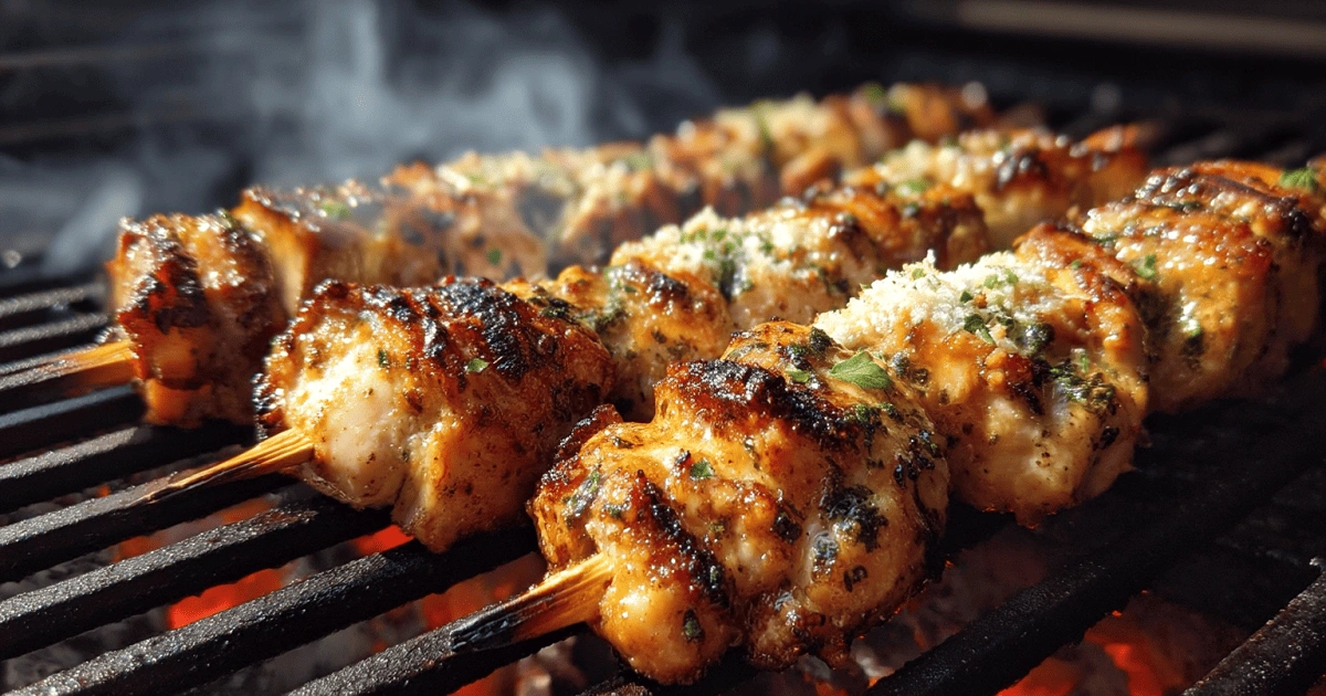  Ranch Garlic Parmesan Chicken Skewers on the grill