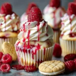 Raspberry cheesecake cupcake with cream cheese frosting and raspberry drizzle
