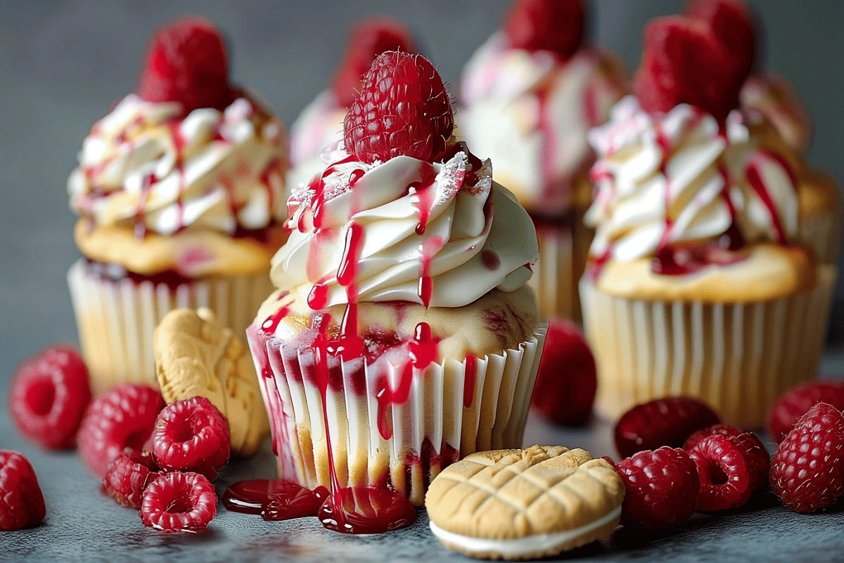 Raspberry cheesecake cupcake with cream cheese frosting and raspberry drizzle