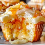 Honey peach cream cheese cupcake with creamy frosting, honey drizzle, and diced peaches, close-up view