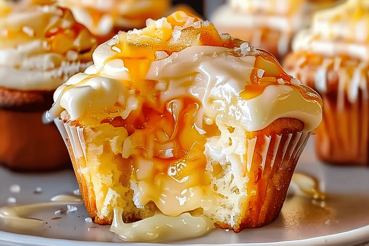 Honey peach cream cheese cupcake with creamy frosting, honey drizzle, and diced peaches, close-up view