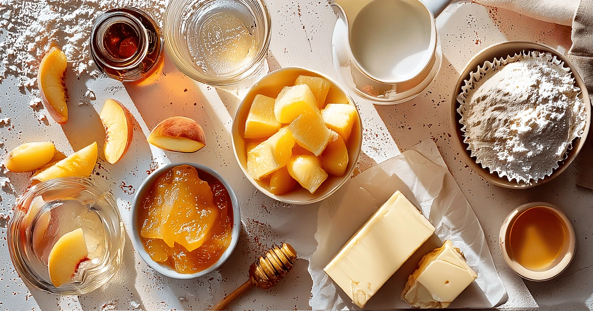 Cupcake ingredients including sliced peaches, butter, flour, honey, peach preserves, and milk laid out on a sunlit surface
