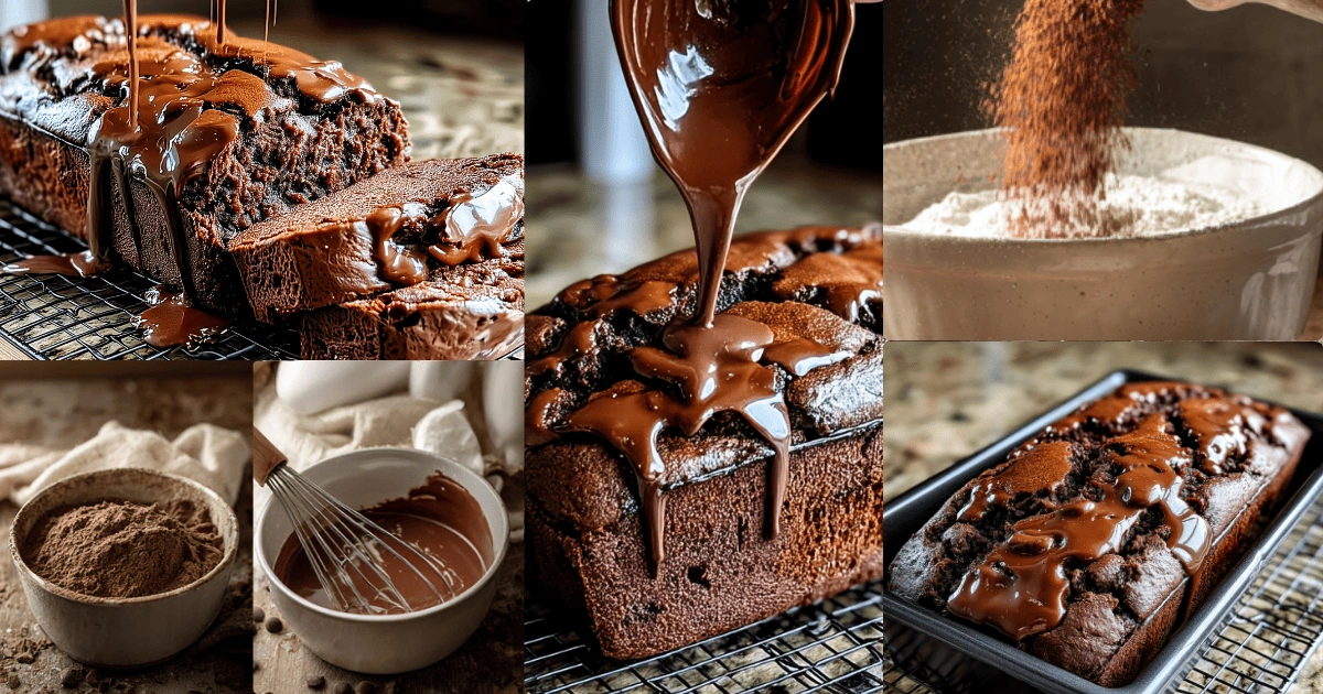 Step-by-step process and final baked result of hot fudge brownie bread with melted chocolate and baking ingredients