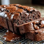 Gooey hot fudge brownie bread sliced and topped with melted chocolate fudge