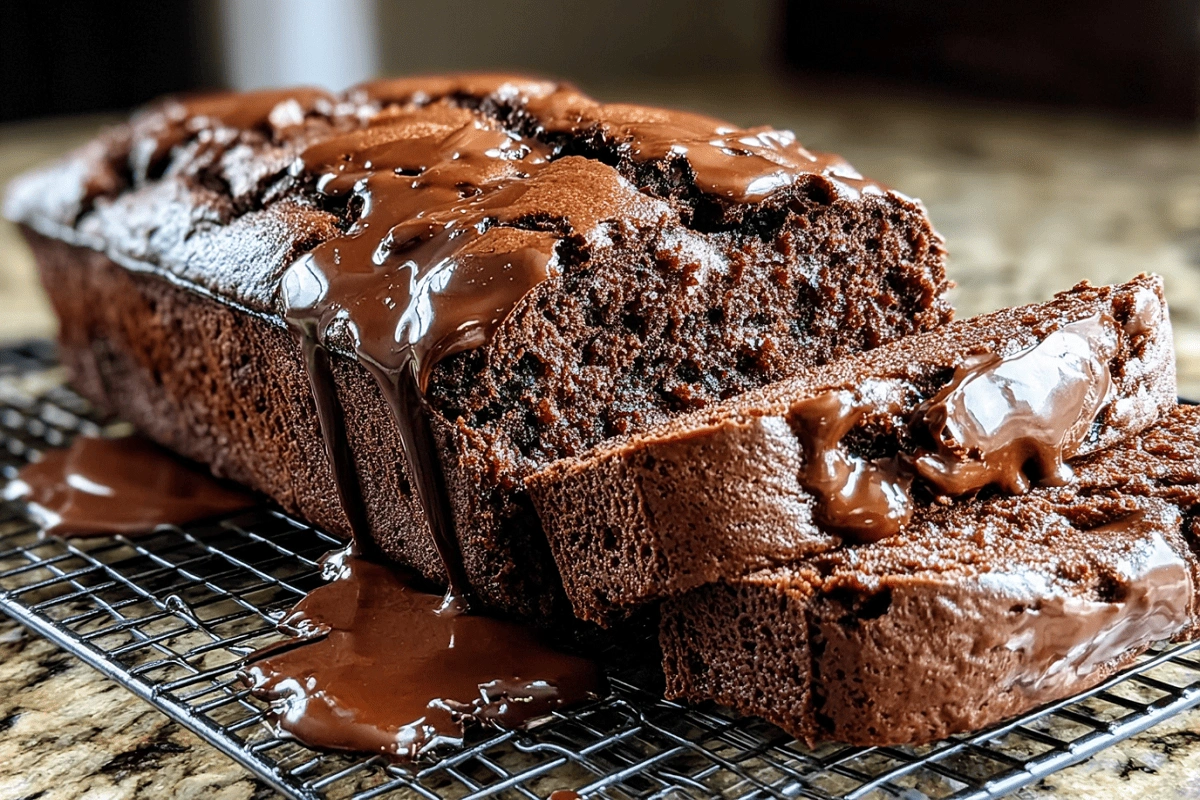 Gooey hot fudge brownie bread sliced and topped with melted chocolate fudge
