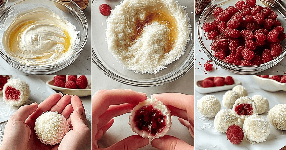 Step-by-step collage showing ingredients, mixing, shaping, and assembling no-bake raspberry coconut balls with coconut and raspberries