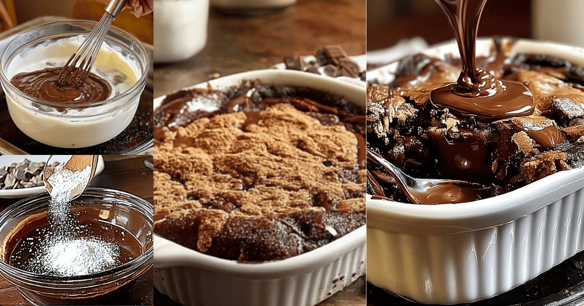 Step-by-step process of making Southern Chocolate Cobbler including mixing, layering cocoa topping, baking, and final gooey texture