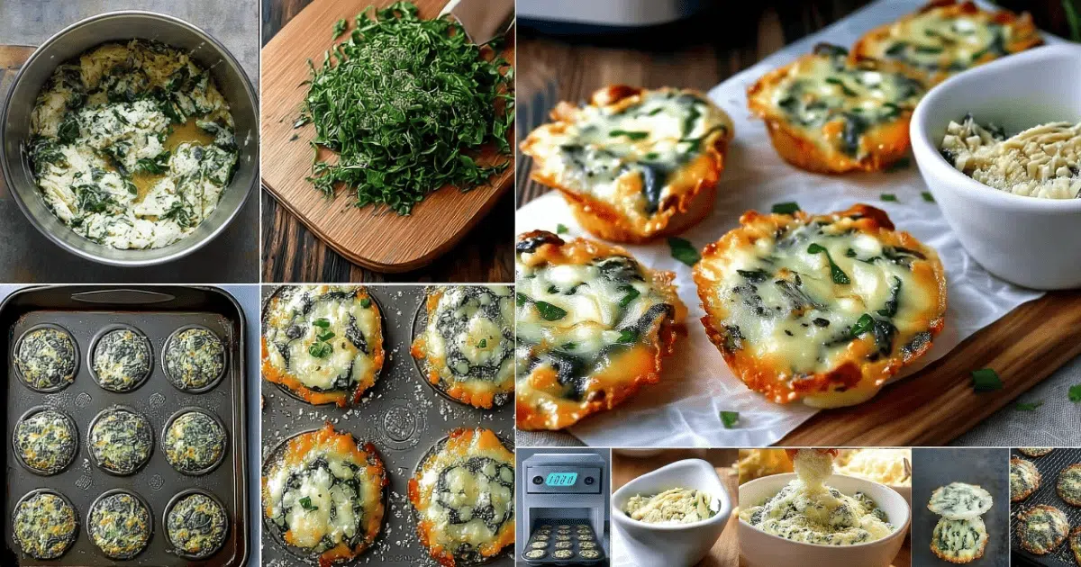 Step-by-step preparation of spinach cheese crisps including mixing, chopping, baking in muffin tin, and final golden crisp result