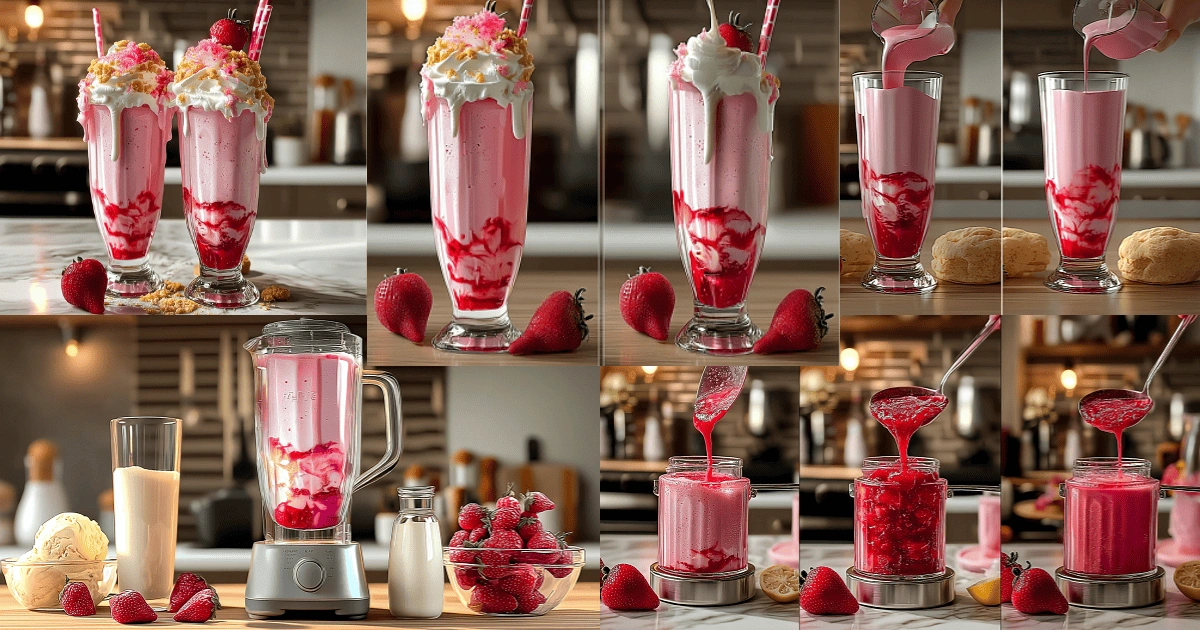 Step-by-step process of preparing a Strawberry Shortcake Milkshake with fresh strawberries, strawberry sauce, milk, ice cream, and layering in a glass