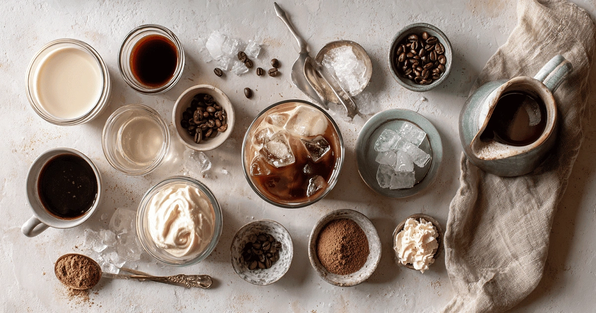 Overhead view of iced mocha coffee ingredients including espresso, chocolate, whipped cream, milk, cocoa powder, and ice cubes