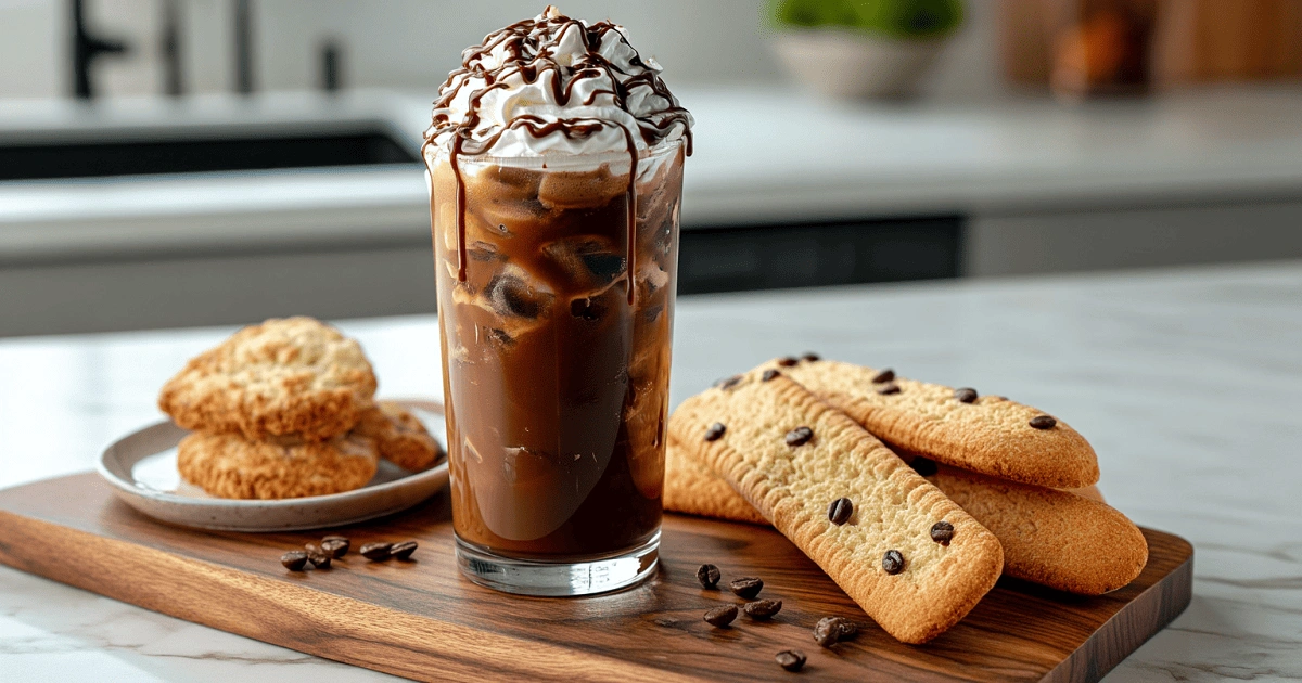 Iced mocha coffee with whipped cream and chocolate drizzle served with cookies and biscotti on a wooden tray