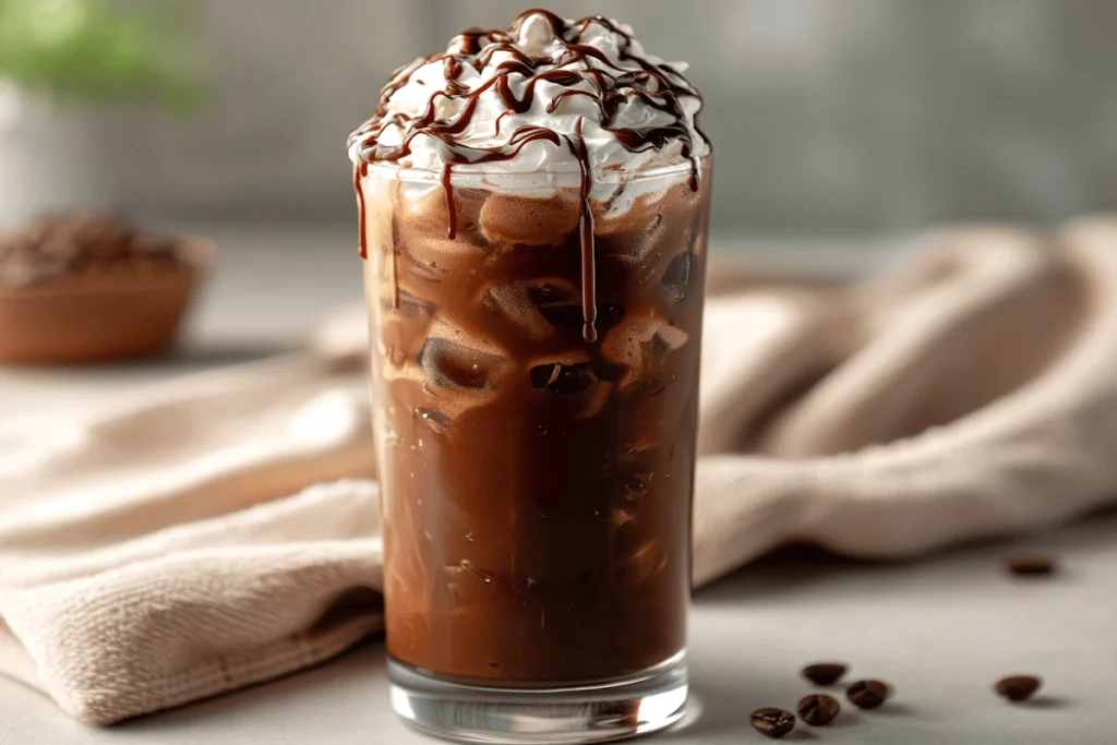 Iced mocha coffee in a tall glass with ice, whipped cream, and chocolate drizzle