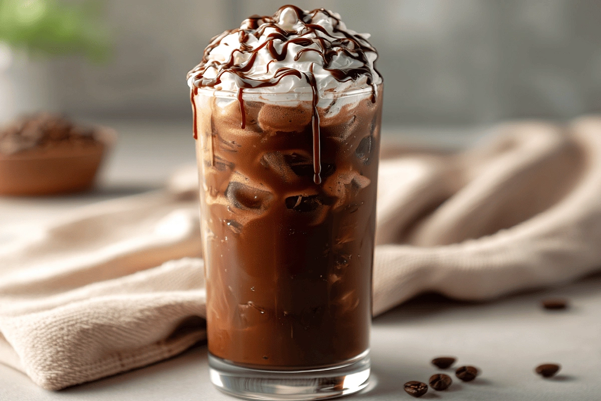 Iced mocha coffee in a tall glass with ice, whipped cream, and chocolate drizzle