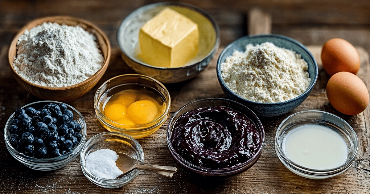 Ingredients laid out for Blueberry Cheesecake Swirl Cookies including flour, eggs, butter, sugar, vanilla, and blueberry jam