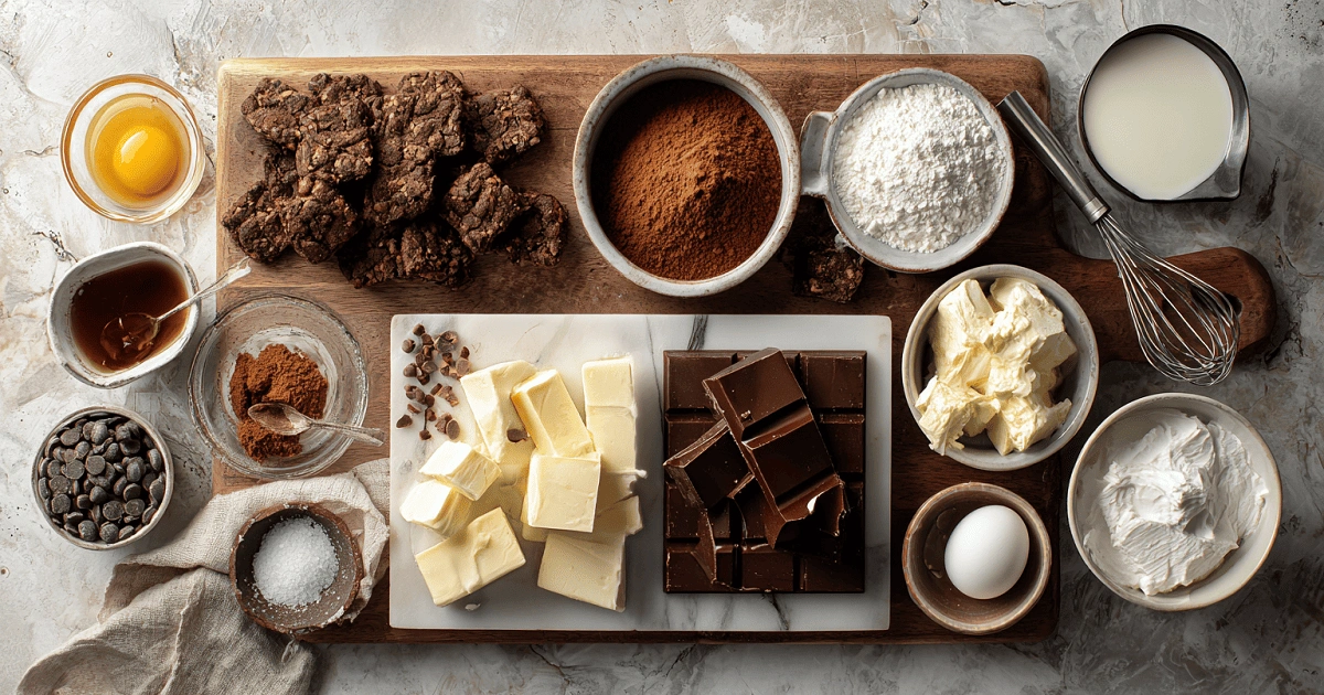 Assorted ingredients for Chocolate Fudge Truffle Cheesecake including cocoa powder, chocolate blocks, butter, cream cheese, and sugar on a marble countertop
