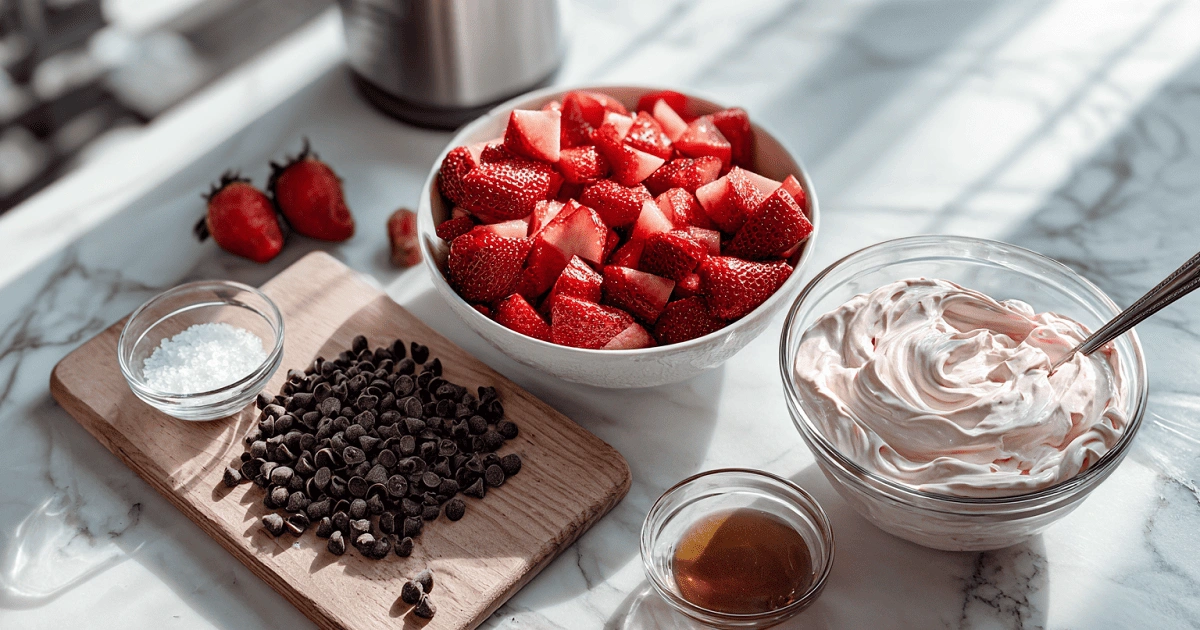 Fresh strawberries, chocolate chips, sea salt, and strawberry yogurt in bowls on a marble countertop