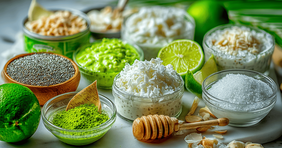 Chia seeds, shredded coconut, lime, yogurt, honey, and other fresh ingredients for Coconut Lime Chia Pudding Bars